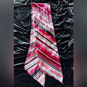 Avenue Pink, White & Black Long Silky Scarf w/ Asymmetrical Ends